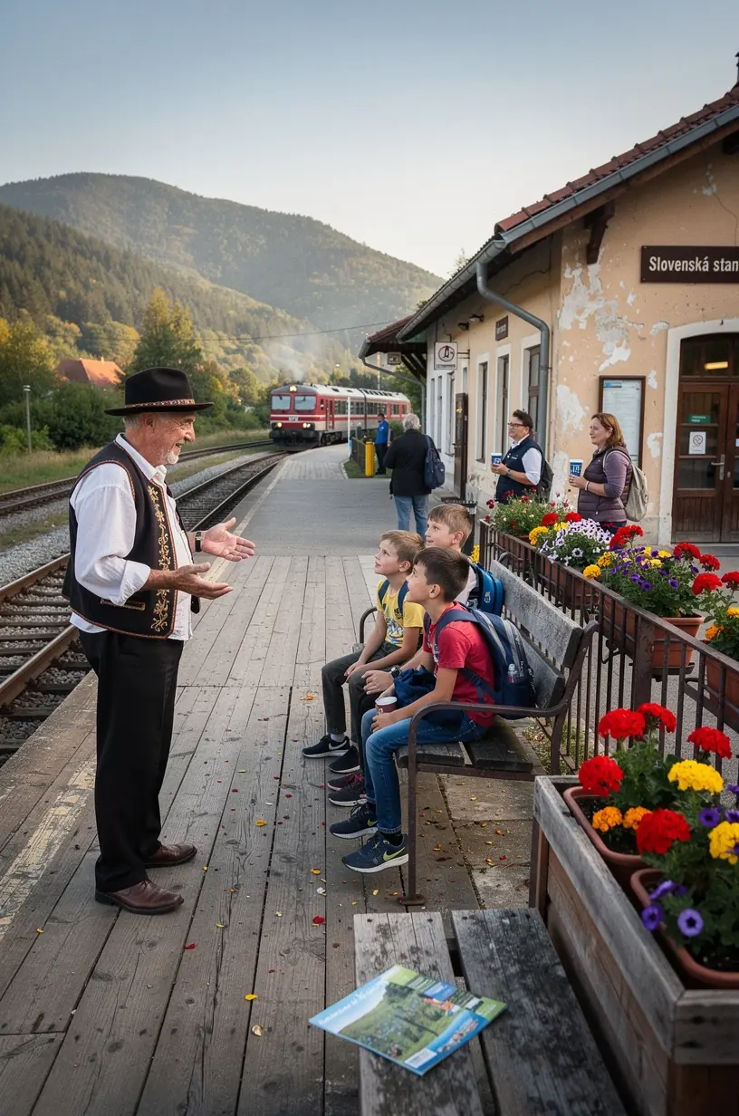 Rodina vystupuje z vlaku na dostupnej zastávke, pripravená na prechádzku po okolitej prírode.