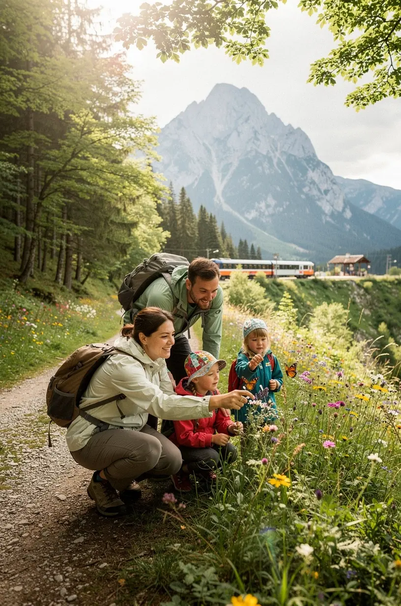 Výhľad na kľukatú železničnú trať vedúcu cez zelené horské lúky a rímsy s turistickými chodníkmi.